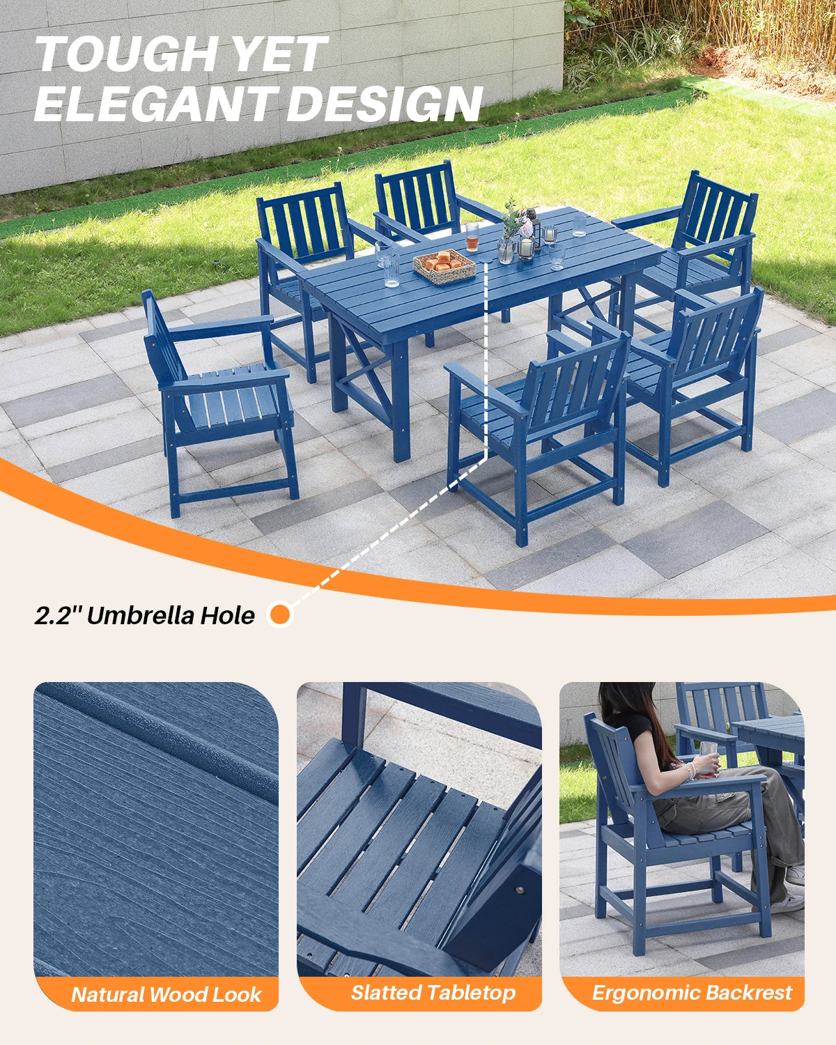 SeeHill Navy HDPE Patio Dining Set, 7-Piece Outdoor Furniture Set with Table and Chairs, Weatherproof Design with Umbrella Hole