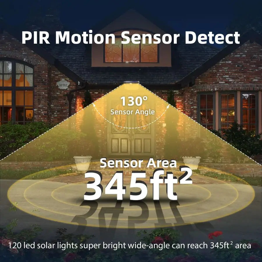 120 LED Outdoor Solar Lights with Motion Sensor and 3 Lighting Modes, IP65 Waterproof Wide Solar Wall Lights Ideal for Garden Pa