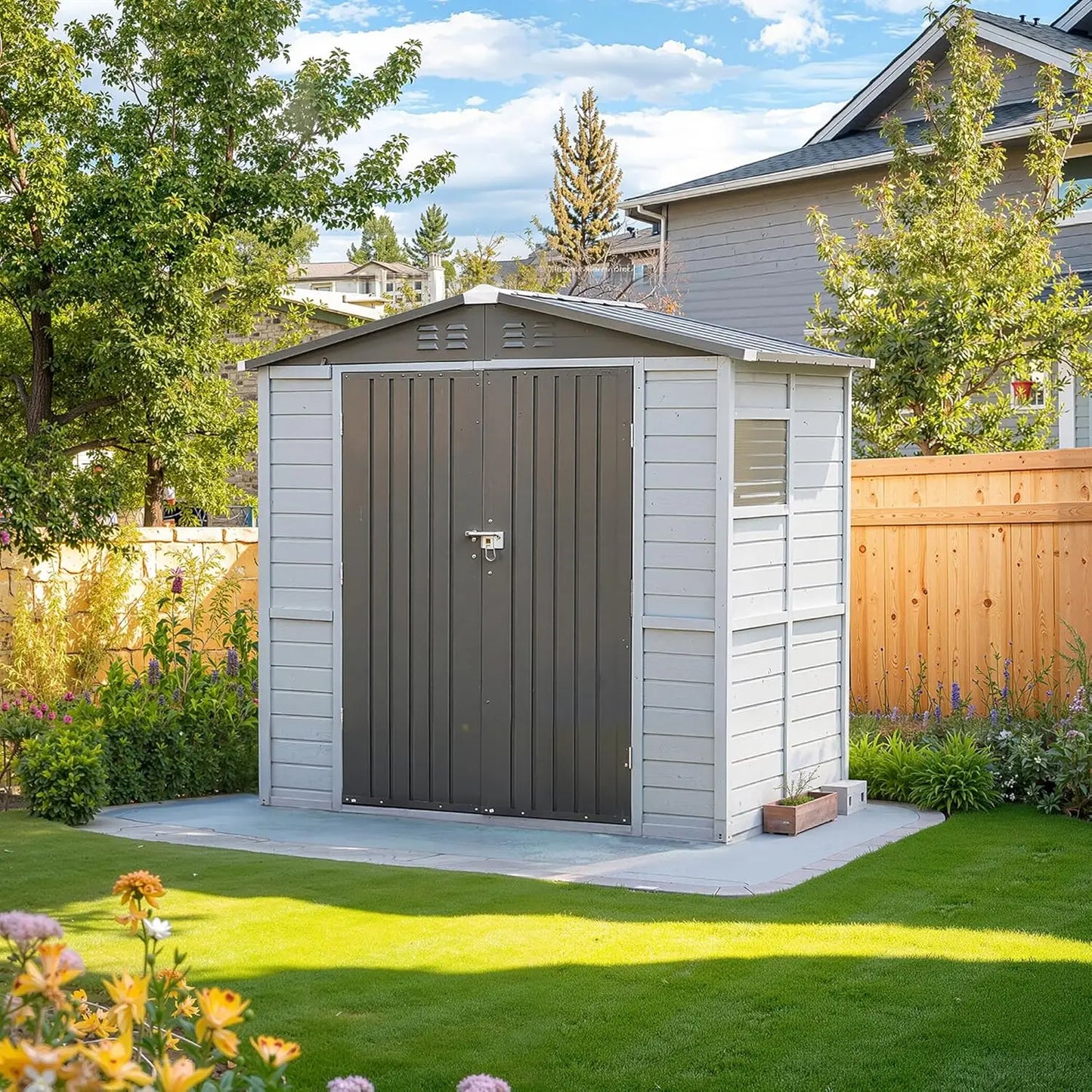 6x4 FT Outdoor Storage Shed with Windows Waterproof Wood & Metal Tool House for Patio Garden Backyard 4 Vents No Floor Custom