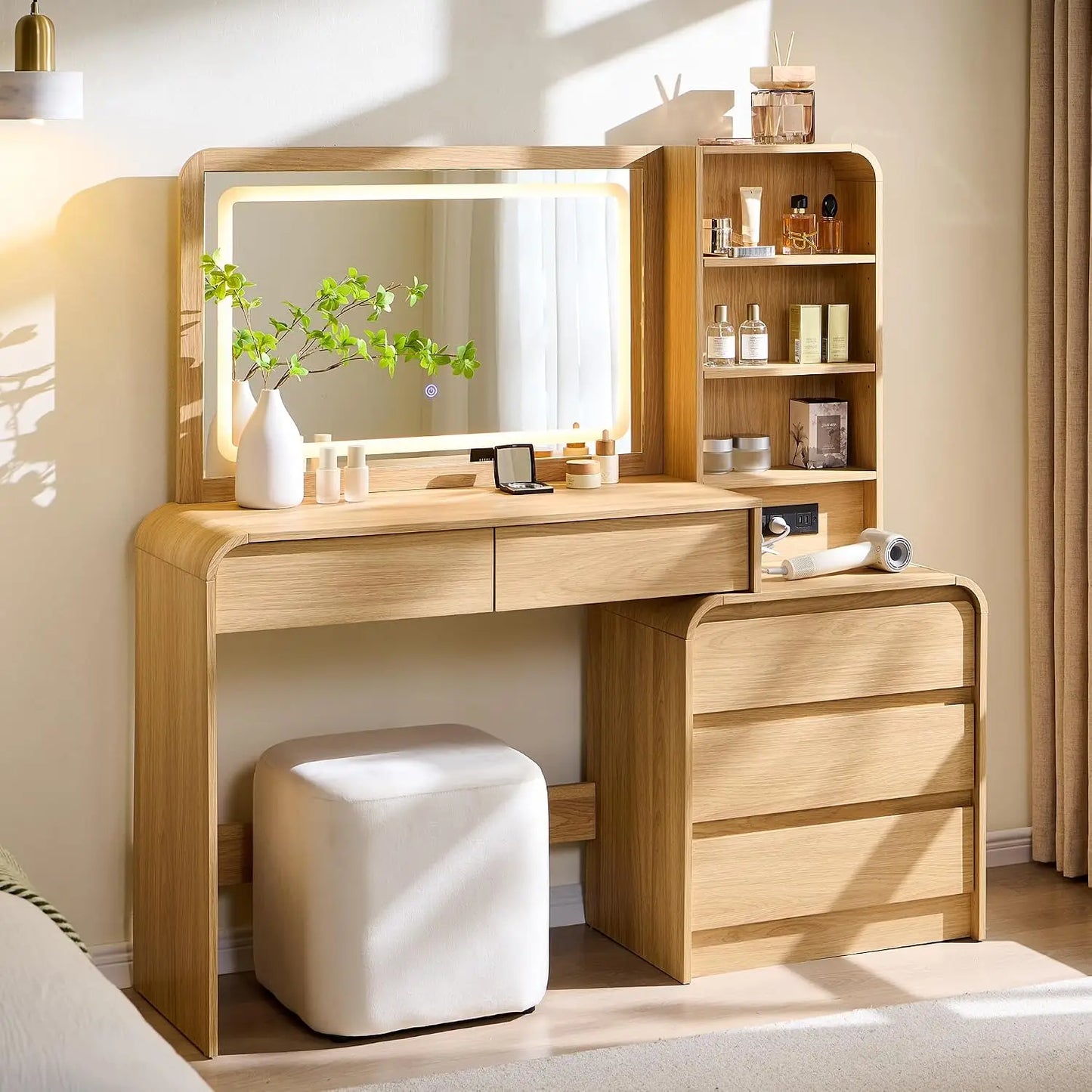 Vanity Desk, Light Mirror & 5 Drawers, Modern Bedroom Makeup Table, Custom