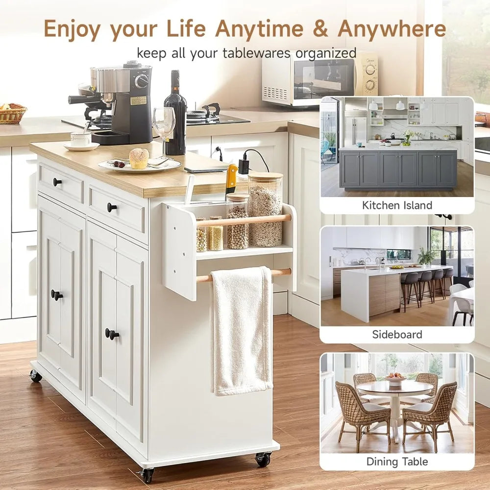 58" Mobile Kitchen Island Cart with Power Outlet, Storage Drawers, Spice Rack & Wheels