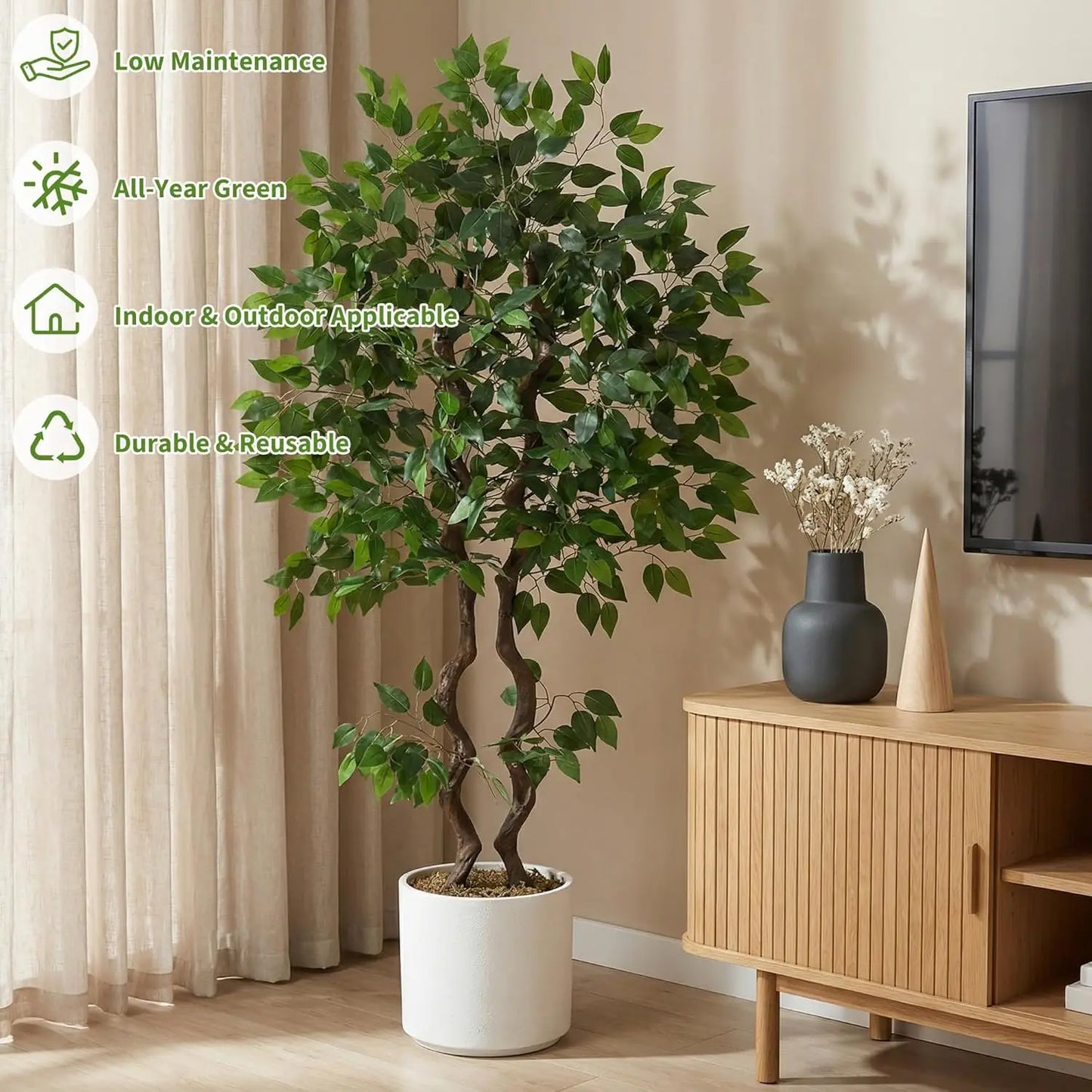 4ft/5ft/6ft Artificial Ficus Tree, Tall Faux Floor Plant with Lifelike PVC Trunk and Full Dense Foliage, Faux Banyan Tree for Home Office, Living Room and Indoor Decor