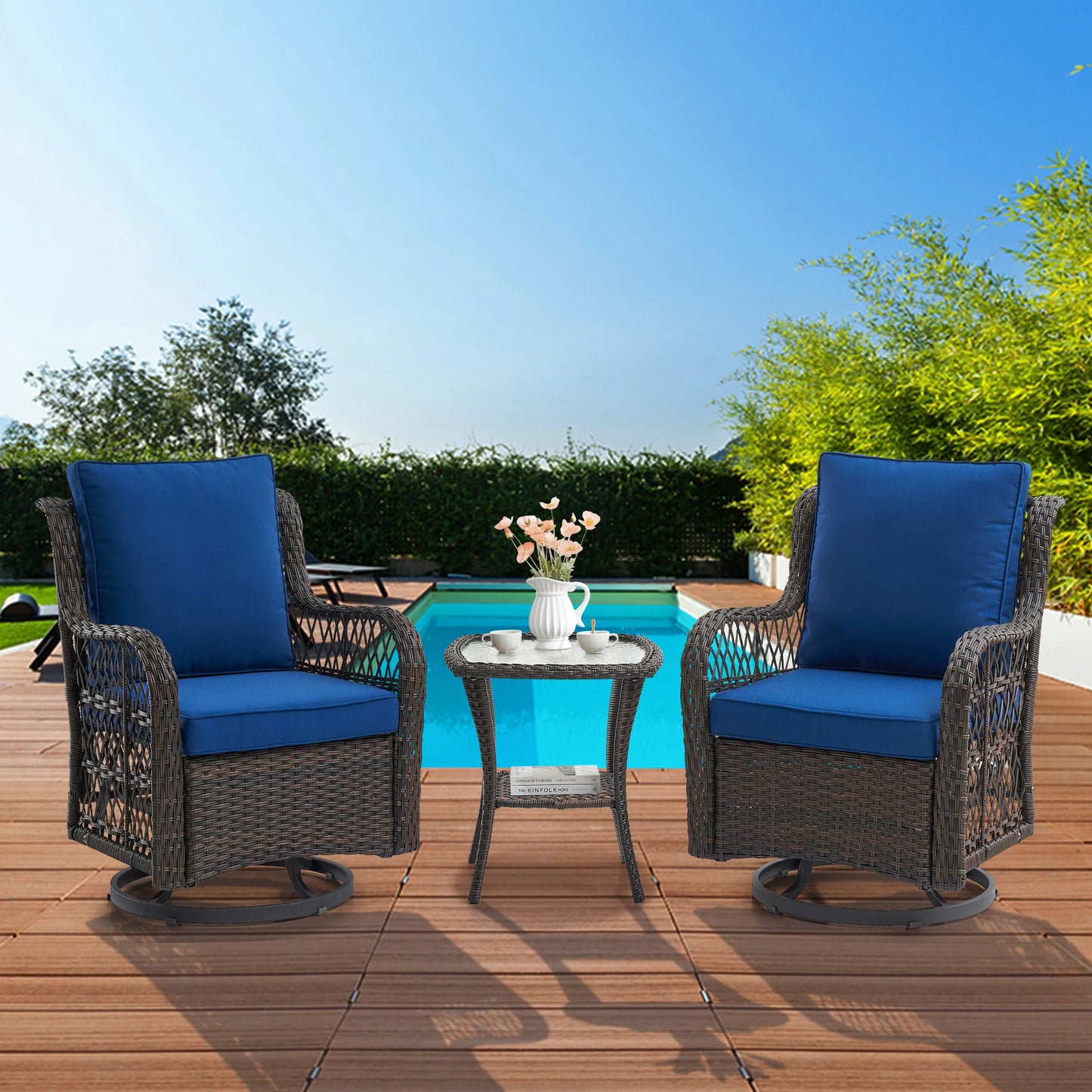 3 Pieces Outdoor Wicker Swivel Chair Set, Swivel Rocking Chairs Set of 2 with Rattan Side Table, 360-Degree Swivel Rocking Chair