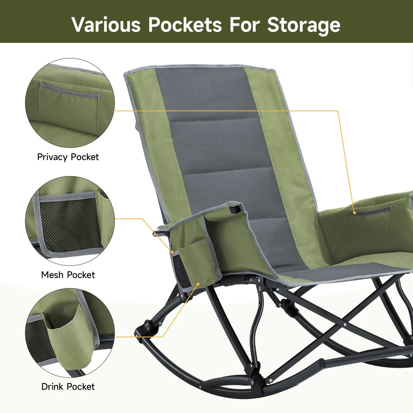 Rocking Camping Chair for Adults, Folding Outdoor Rocking Chair with Foot Rest, 330 lbs Capacity, Camp Chairs for Lawn
