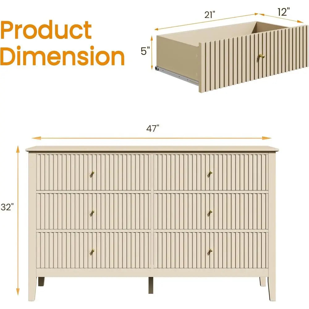 Modern Fluted 6-Drawer Beige Wood Dresser with TV Stand Storage for Bedroom and Living Room,Customized