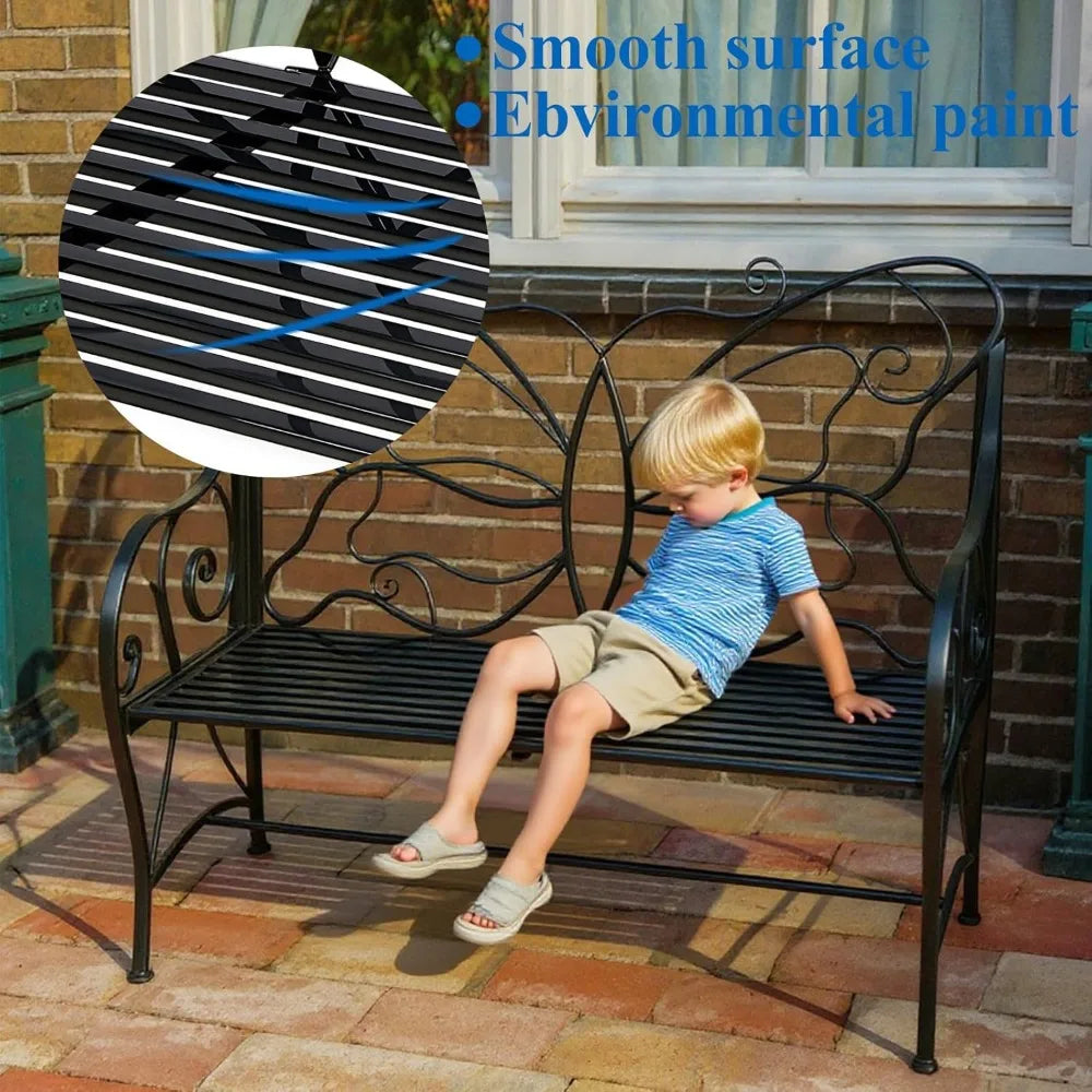 Outdoor Bench Weatherproof, Metal Antique Garden Bench Indoor/Outdoor, Double Seat with Decorative Butterfly Cast Iron Backrest