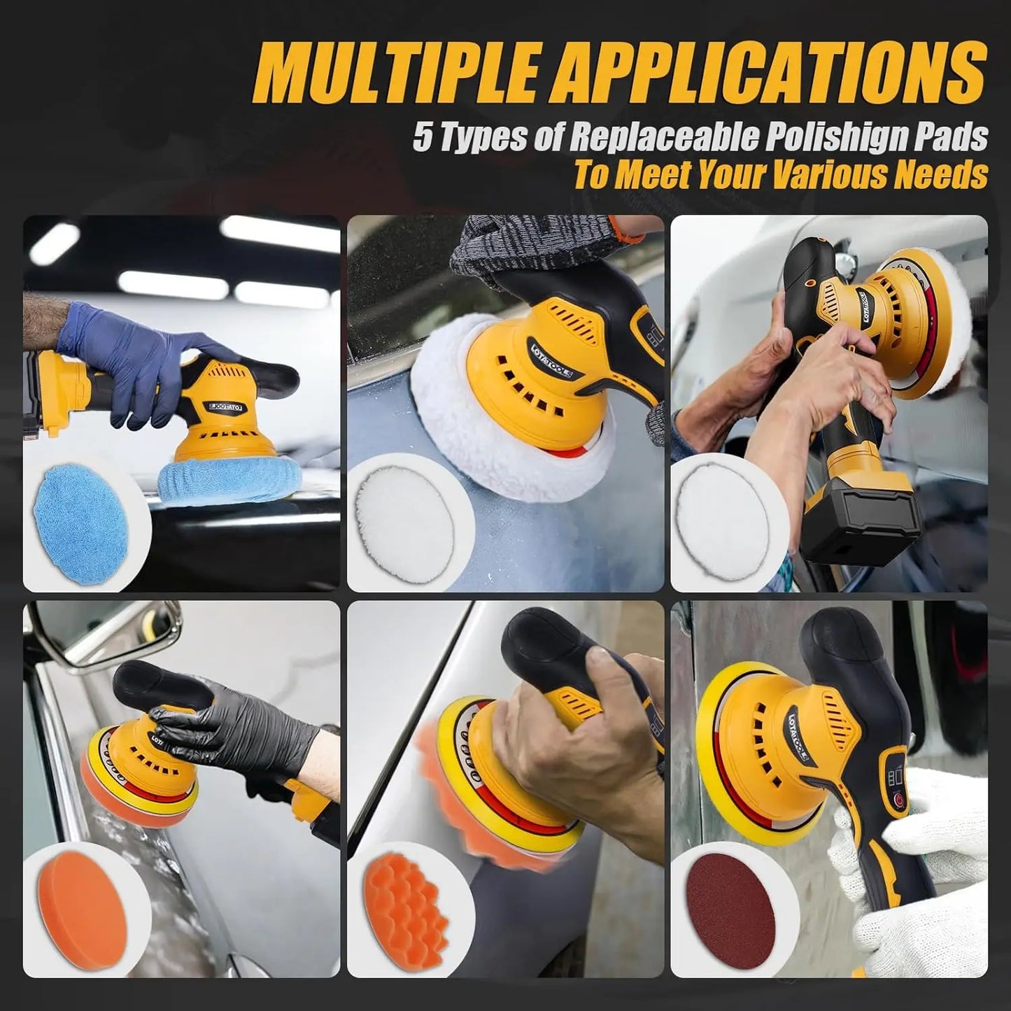Dual-Action Polisher 8 Speeds 5500 RPM for Car Detailing, Cordless Random Orbital with Battery Compatibility