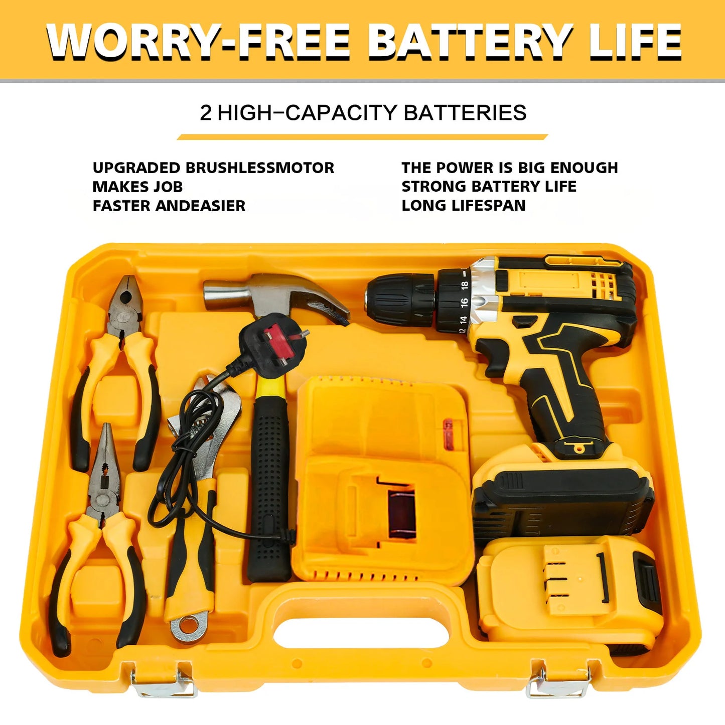 21V Impact Drill Tool Kit Cordless Electric Screwdriver Brushless 45n.m 120 PCS With Drill Bits 2x1.5Ah Lithium-Ion Batteries