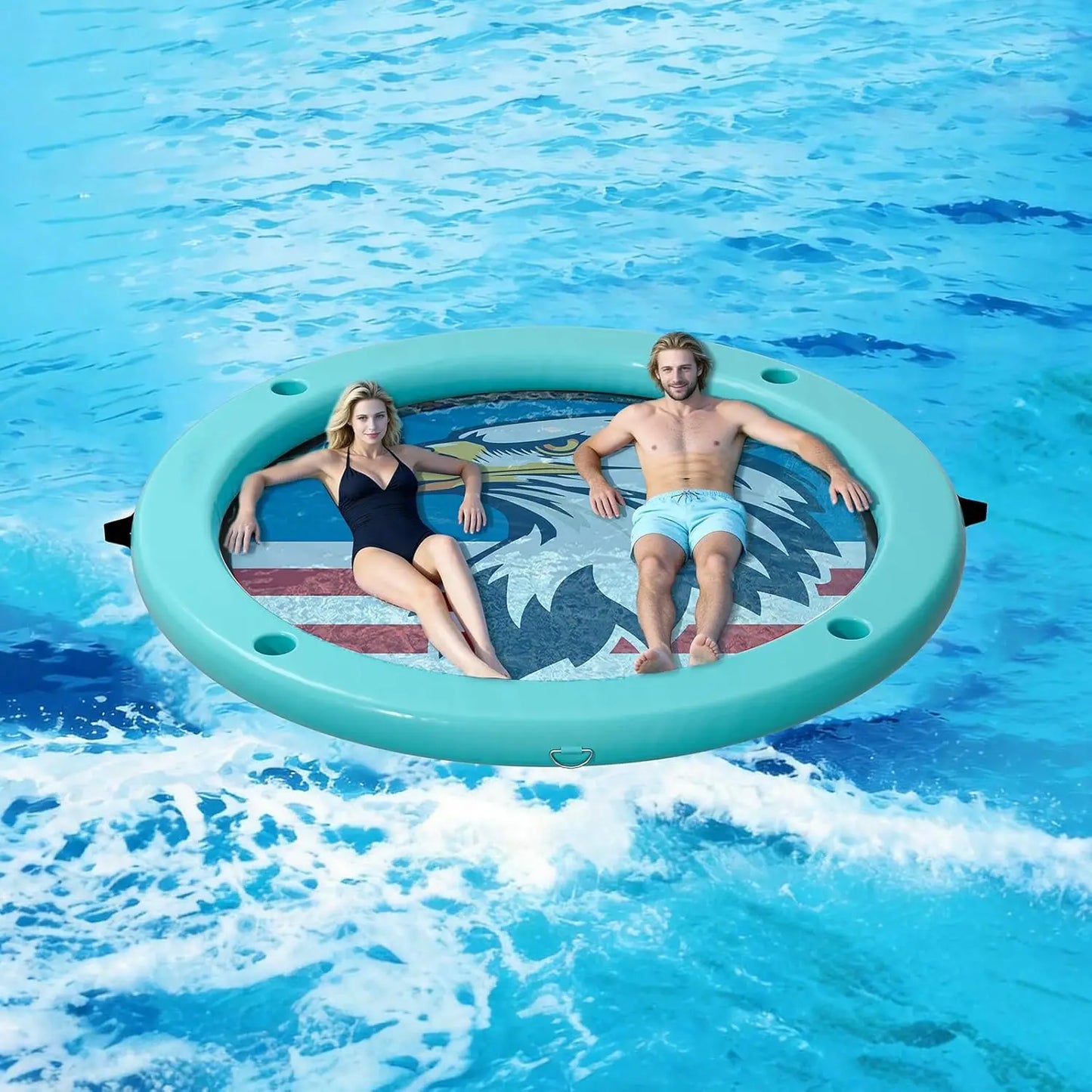 Sunchill Float Ring with 6 Cup Holders, Inflatable Water Hammock Heavy Duty Lake Floats for Adults Party, Round, Custom