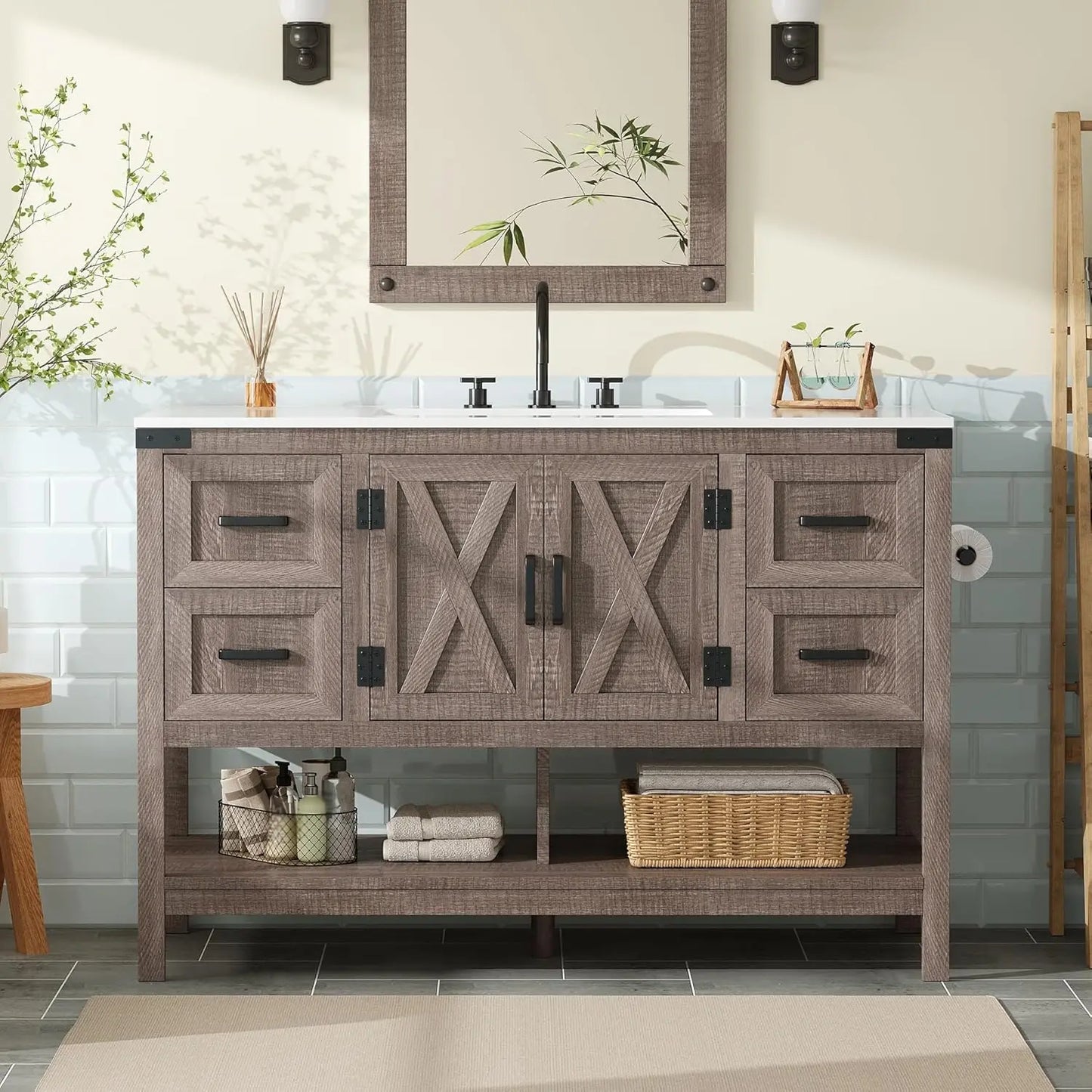 48” Farmhouse Bathroom Vanity with Sink, Freestanding Cabinet with 4 Drawers, Double Barn Doors & Open Shelf, Rustic Storage