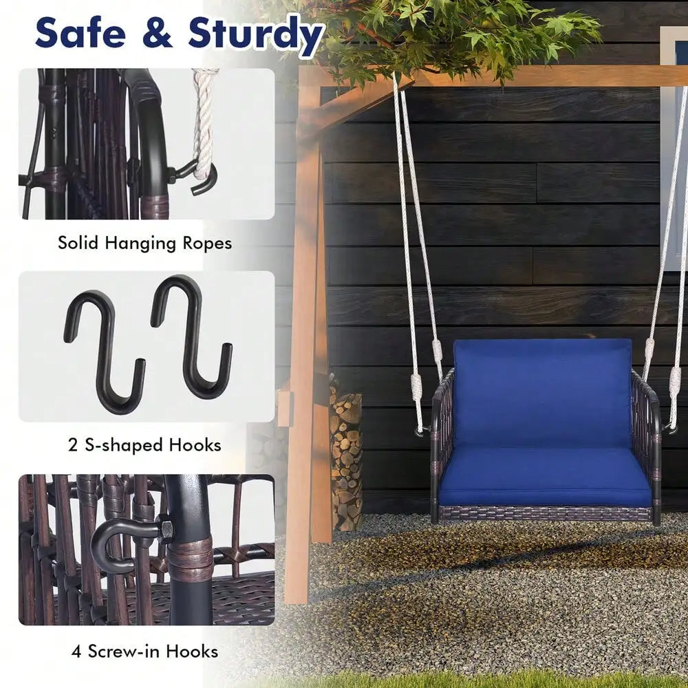 Patio Rattan Porch Swing Single Person Hanging Seat w/Seat & Back Cushions