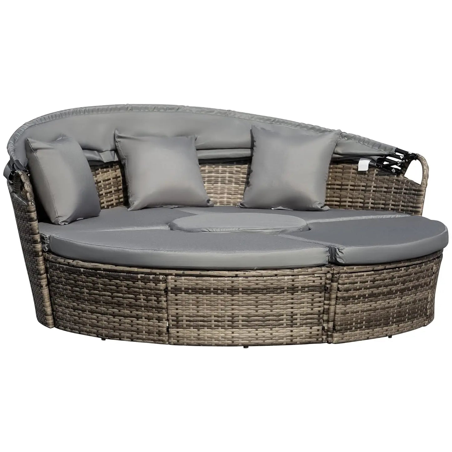 4pc Round Convertible Daybed Cushions PE Rattan Patio Sofa Adjustable Canopy Sectional 2 Chairs Table 3 Pillows, Customized