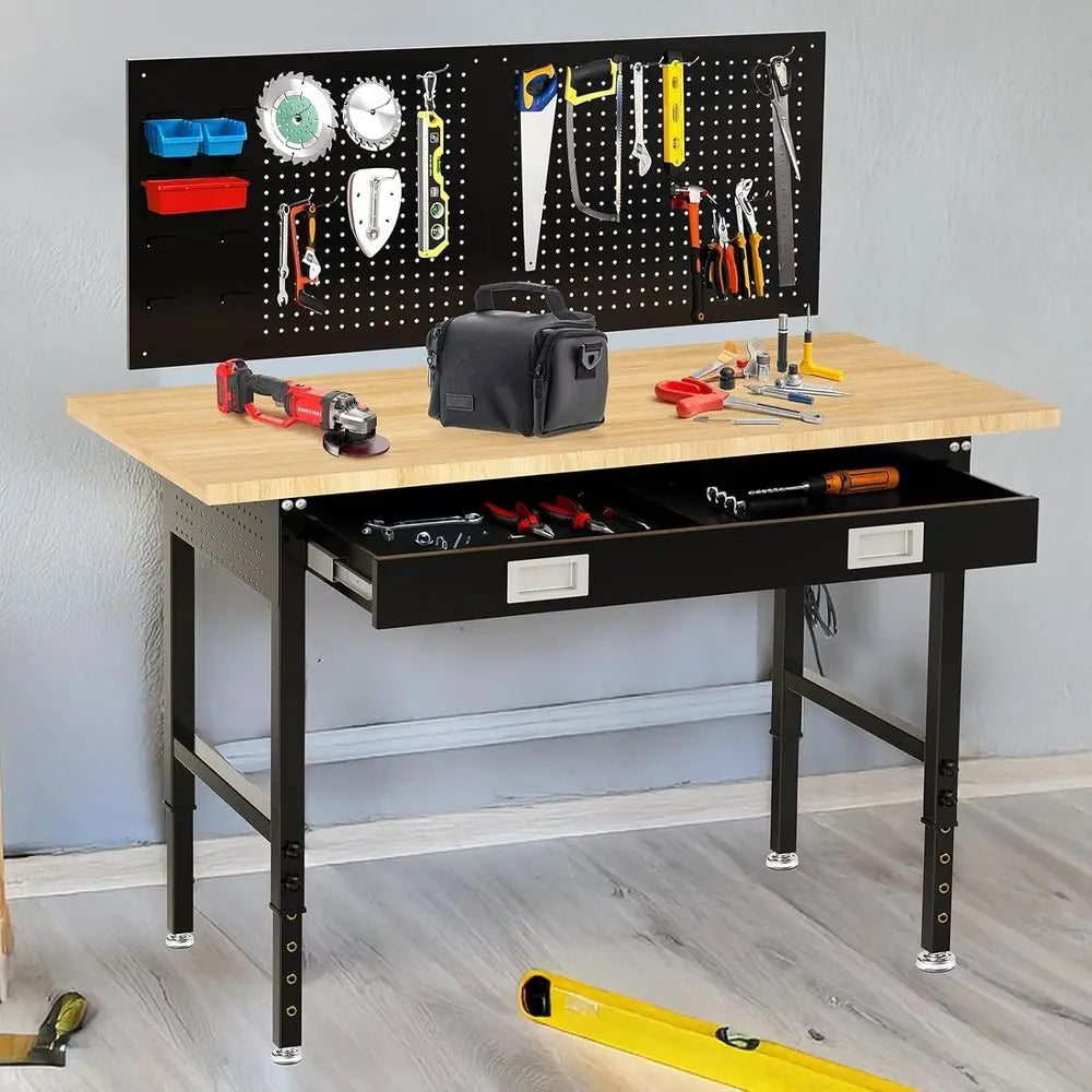 60 Adjustable Height Heavy-Duty Workbench, 2000 lbs Capacity, Rubberwood Construction, Black Steel Frame