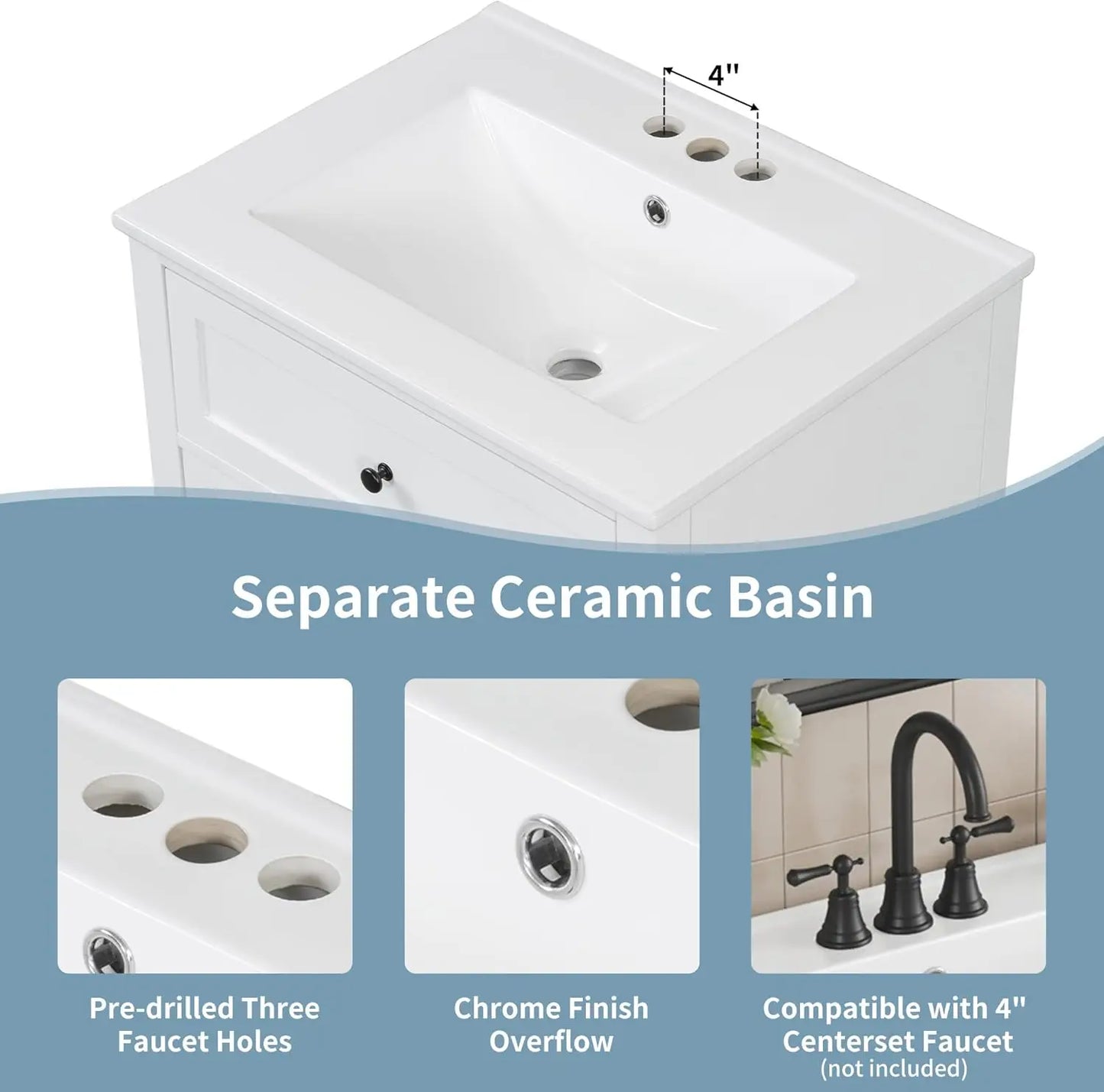 24 Inch White Bathroom Vanity Sink Combo Solid Wood Frame Storage Cabinet 3 Drawers Tip Out Drawer Adjustable Shelves Soft Closi