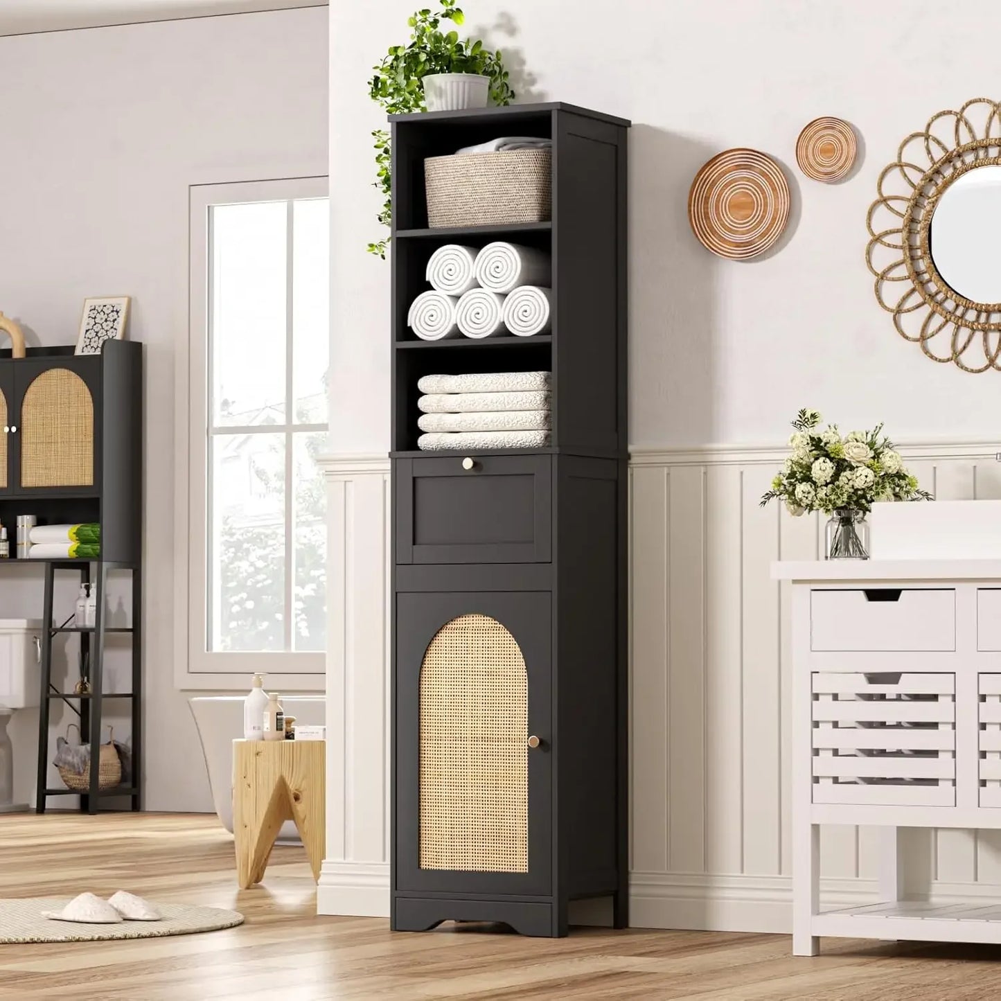 67-inch Tall Natural Rattan Sliding Bathroom Cabinet with Adjustable Shelves