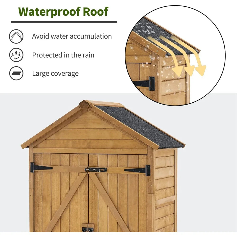Outdoor Storage Cabinet with 2 Shelves, Outside Storage Shed with Floor, Wooden Garden Tool Shed with Latch for Yard Deck Lawn