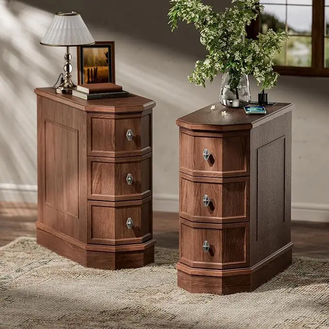 Nightstand Set of 2 with Charging Station, Vintage Wood End Table with 3 Drawer, Victoria Narrow Side Table, Slim Bedside Tables