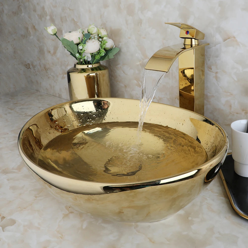 KEMAIDI Bathroom Vessel Sink Luxury Shiny Gold Ceramic Vanity Bowl Round Above Counter Basin for Bar and Cloakroom w/ Faucet Tap