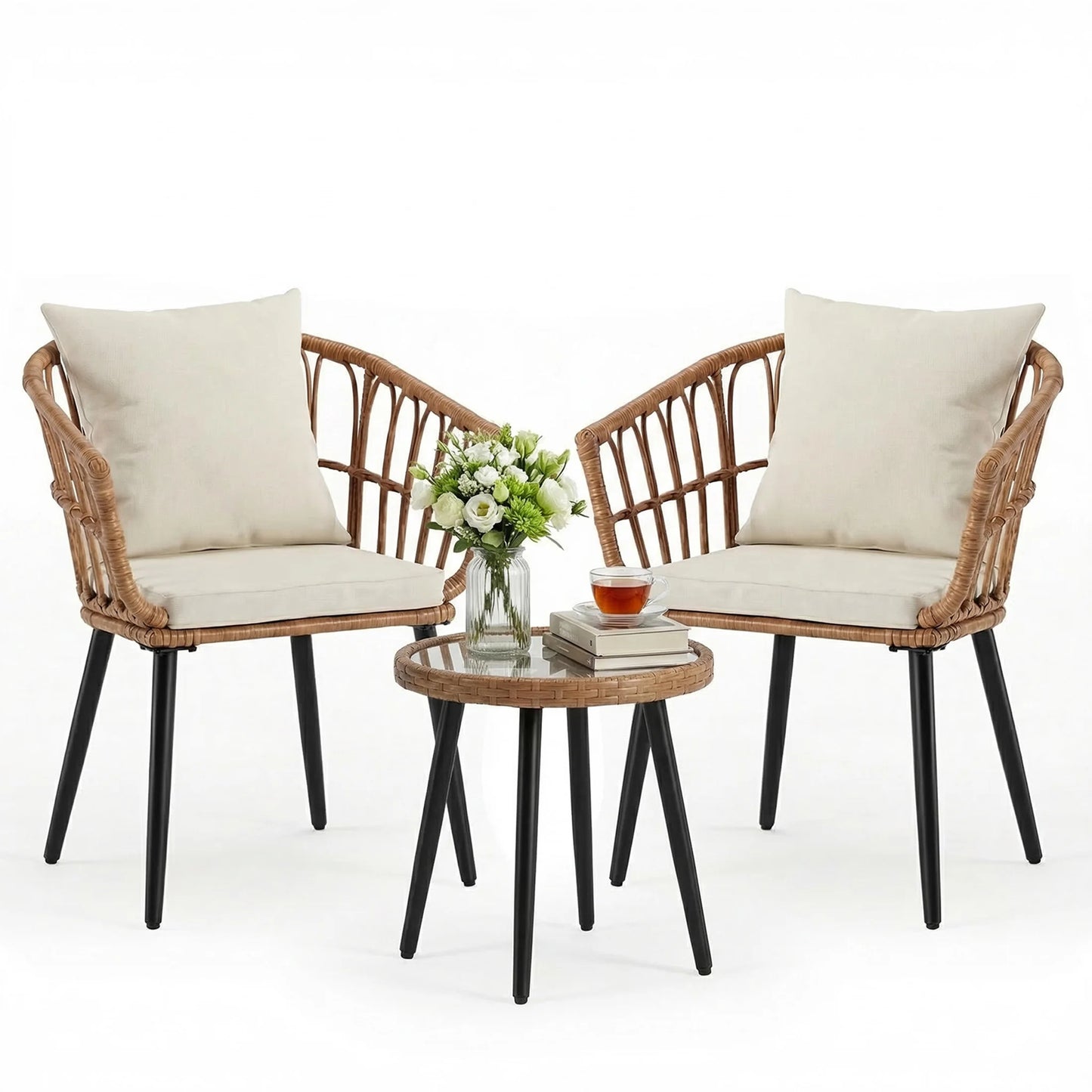 JHK 3 Pieces Wicker Patio Outdoor Set with Soft Cushion and Glass Steel Frame Table Manual Weaving Patio Chairs For Garden Lawn