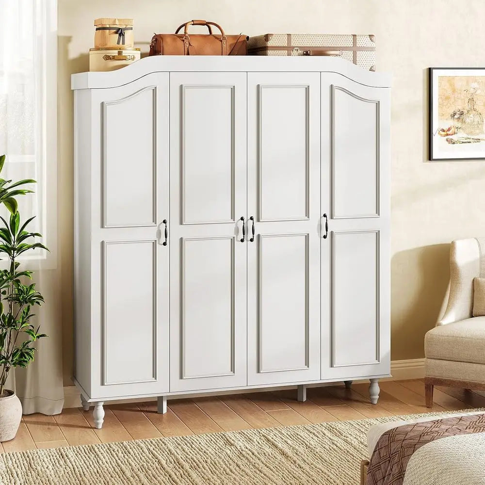 71 High Wooden Armoire Wardrobe with 4 Doors, 2 Hanging Rods, and 8 Shelves for Bedroom or Cloakroom, White