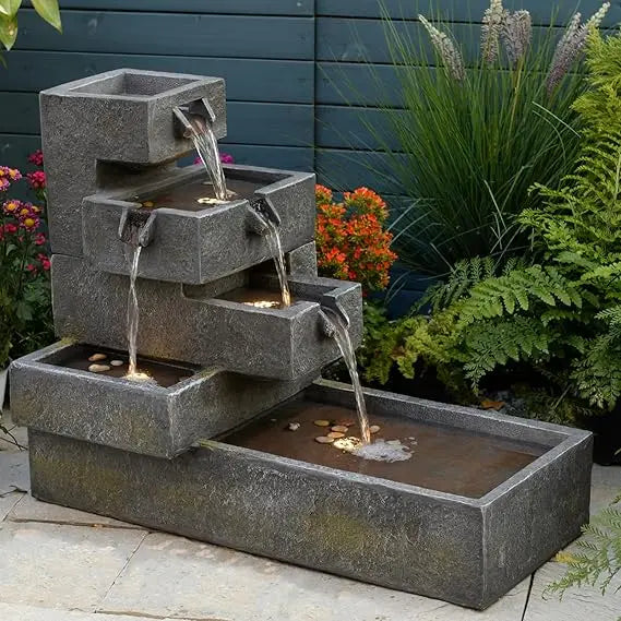 Tiered Water Fountain Outdoor Garden - Waterfall Indoor Freestanding Cascade Fountain Concrete Artistry Modern Style with LED Li