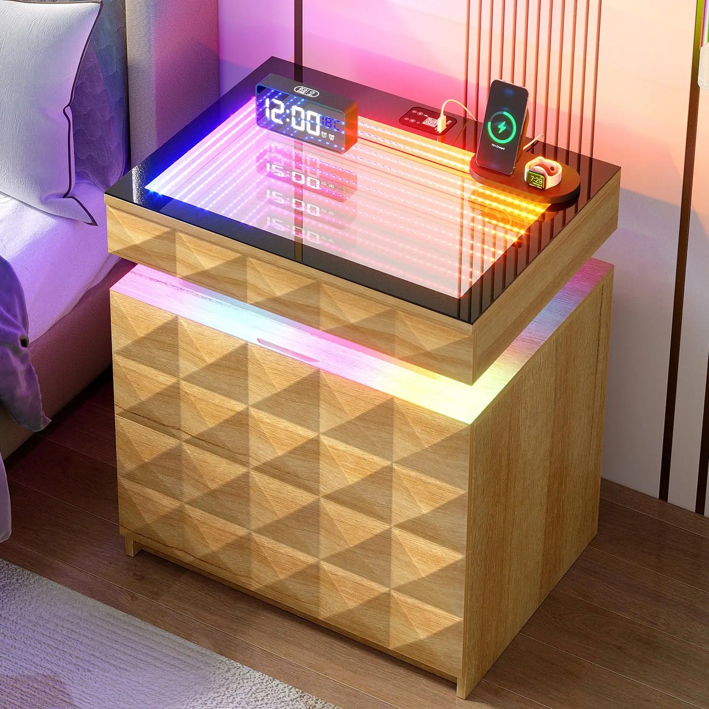 Dystler Night Stand with Charging Station and RGB Lights, LED Nightstand Tempered Glass and Sliding Top, 3 Drawers Bedside Table