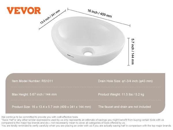 SucceBuy Oval Vessel Sink Vessel Sink Bowl Countertop White Ceramic Bathroom Sinks Above Counter for Bathroom Hotel and RV