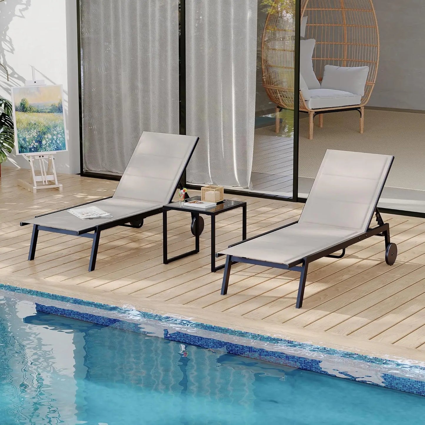 3 Pieces Patio Chaise Chairs Set, Pool Loungers with Side Table, outdoor Chaise Lounges Chair with Wheels, Adjustable Position