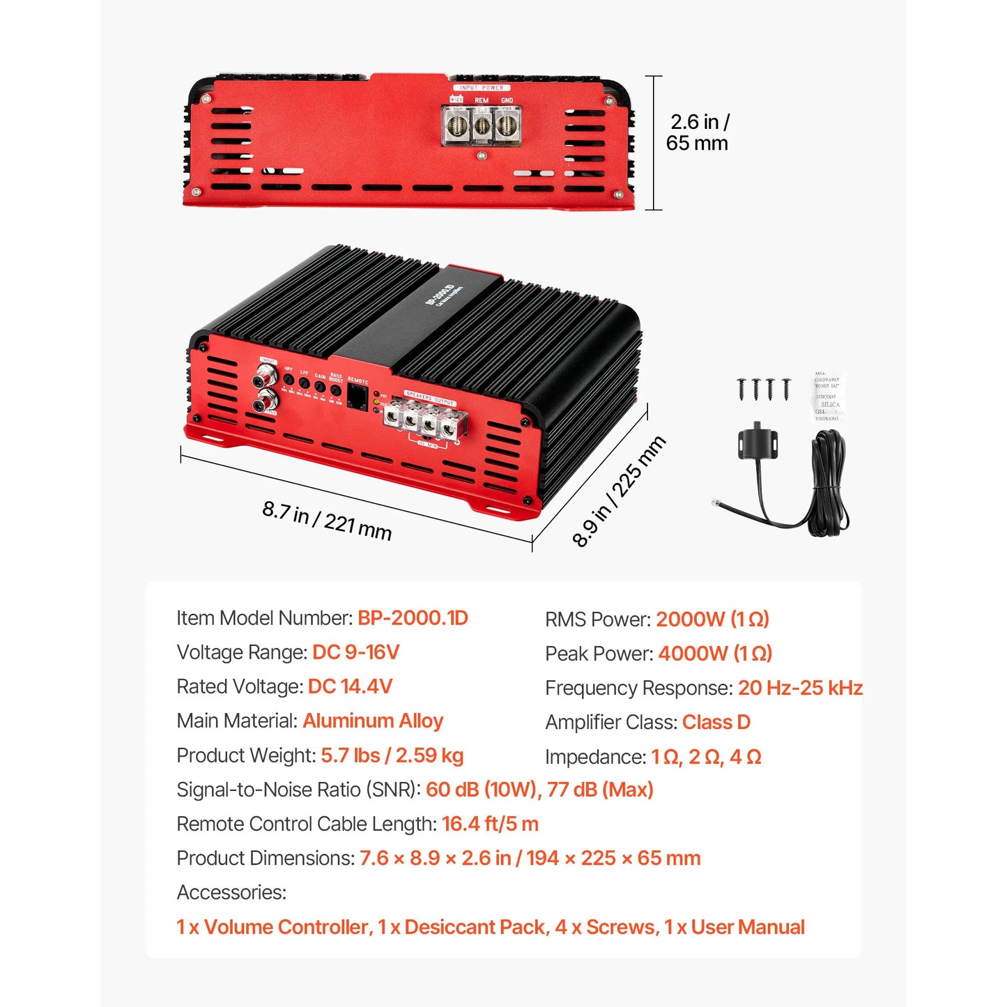 SucceBuy Monoblock Car Amplifier Stable 1Channel Class D Car Audio Amplifier with Remote Subwoofer Level Control Low Pass Filter