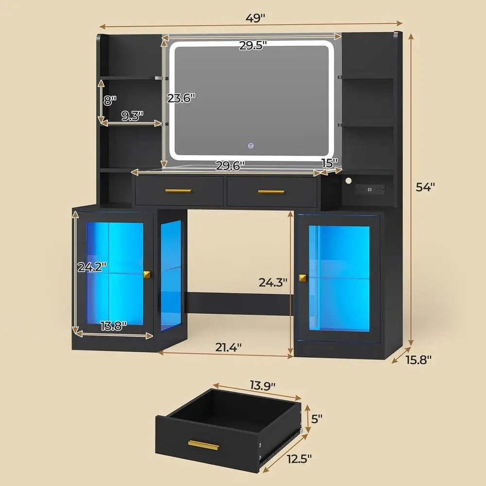 Makeup Vanity Set with Illuminated Mirror, RGB Cabinet, Glass Drawers, and Power Outlet for Teens and Women in Black