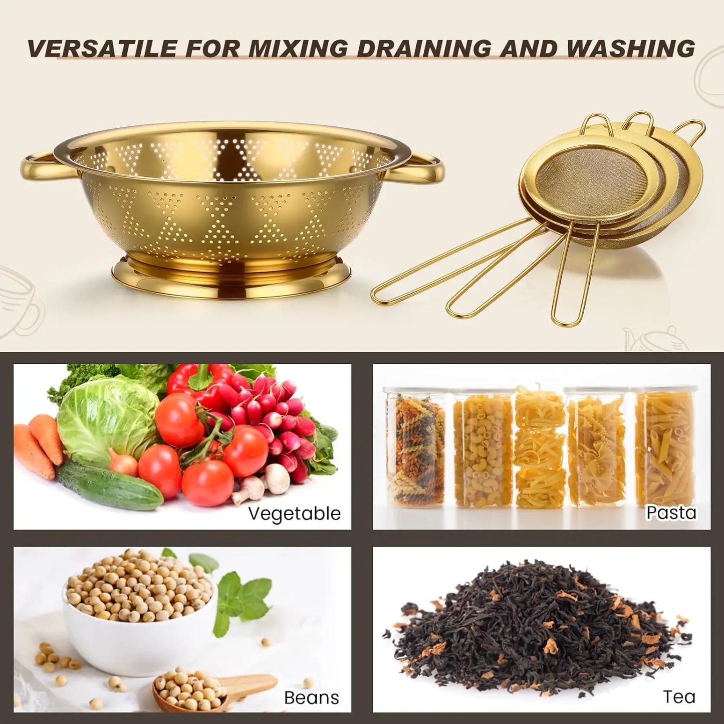 4 Pcs Gold Kitchen Accessories Includes Stainless Steel Colander and 3 Pcs Gold Fine Mesh Strainer Essential Kitchen Col