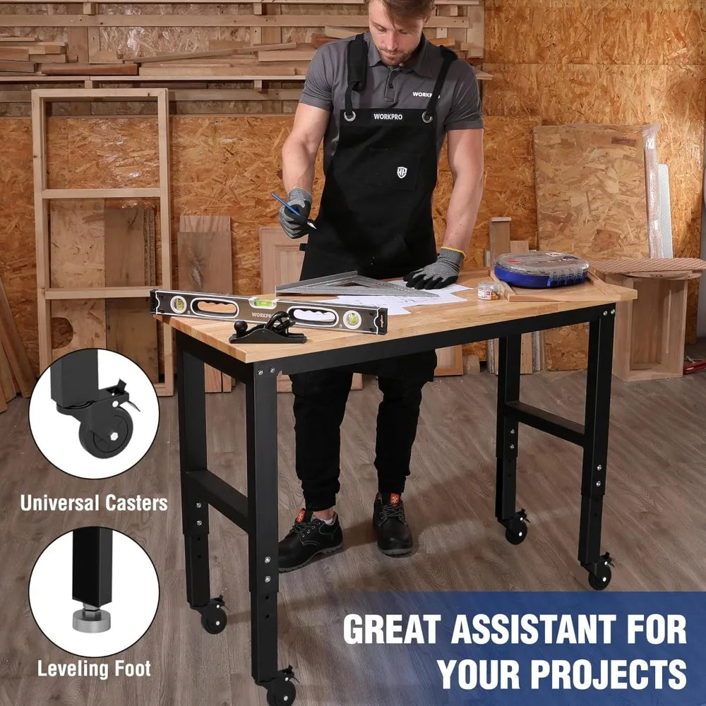 Garage Workbench, 48X22 Adjustable Workbench with Wheels and Leveling Foot, Rubber Wood Top Work Desk with Power Outlets