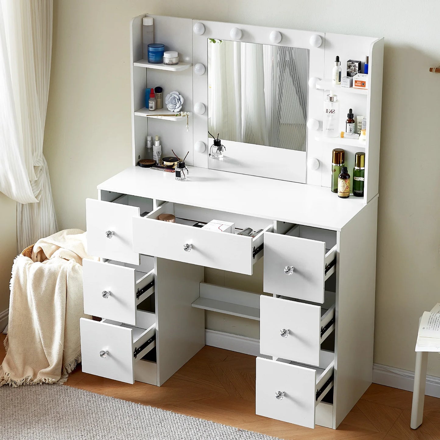 LED Mirror Makeup Table Set, 3-Color Light Dressing Vanity Desk with USB Charging Port & Storage Drawer, Modern Girl Bedroom Furniture Gift