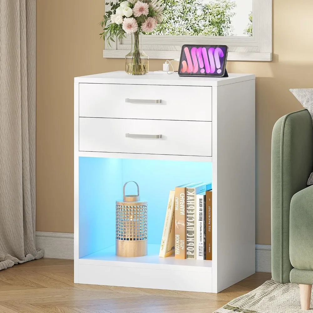 Modern LED Nightstand Set of 2 with Charging Station, USB Ports & Drawers, White Bedside Table for Bedroom Living Room