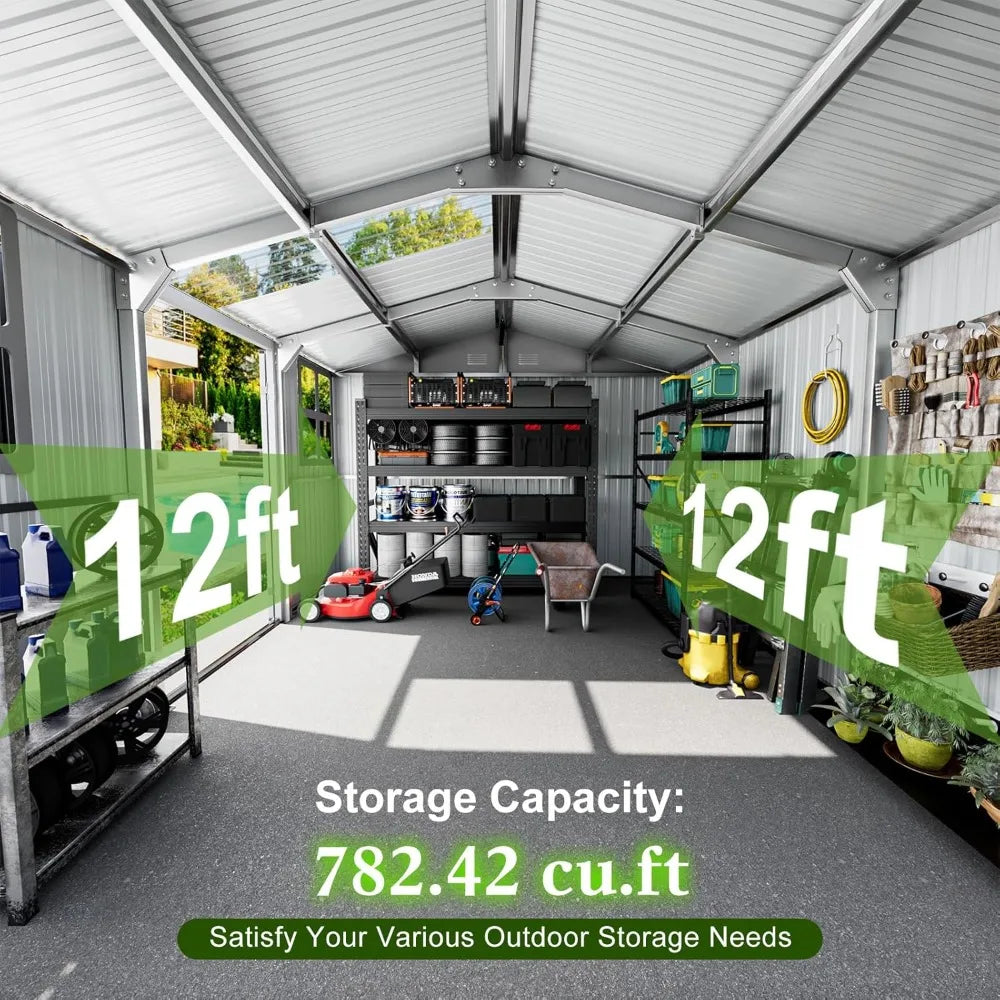 12x10 FT Metal Sheds & Outdoor Storage: Heavy Duty Garden Sheds with Dual Transparent Panels, 2x4-Pane Windows & Hinged Double D