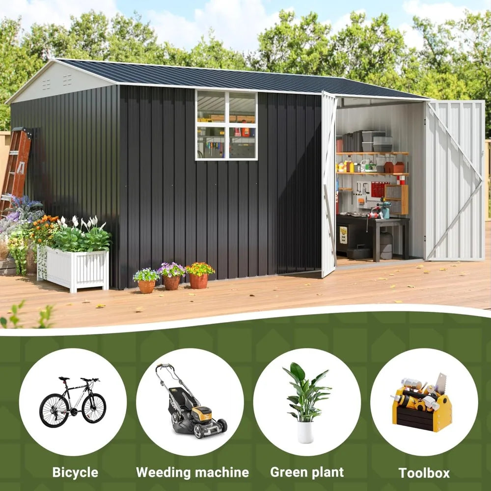 10X12 FT Metal Outdoor Storage Shed with Window, Heavy-Duty Galvanized Steel Garden Shed with Lockable Doors and 4, Customized