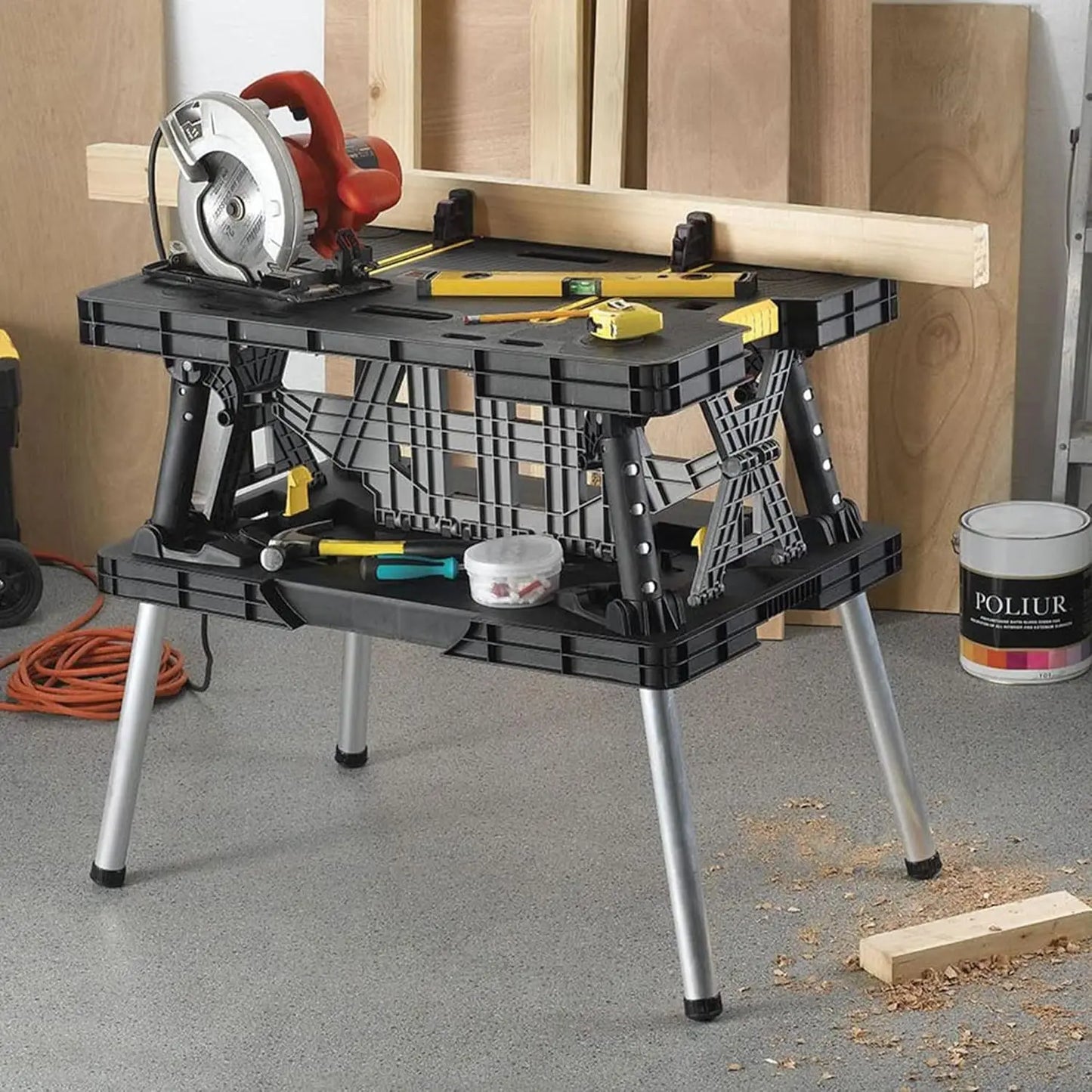 2-in-1 Portable Folding Work Table as Sawhorse & Workbench, Adjustable Height, Large Load Capacity with Clamps