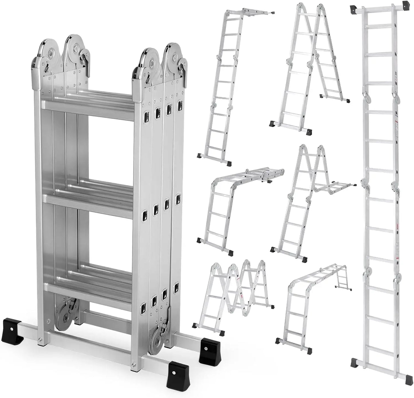 Multi-Purpose Folding Ladder,7 in 1 Aluminium Heavy Duty Collapsible Tall Extension Adjustable Step Ladder for Home Roof RV Work