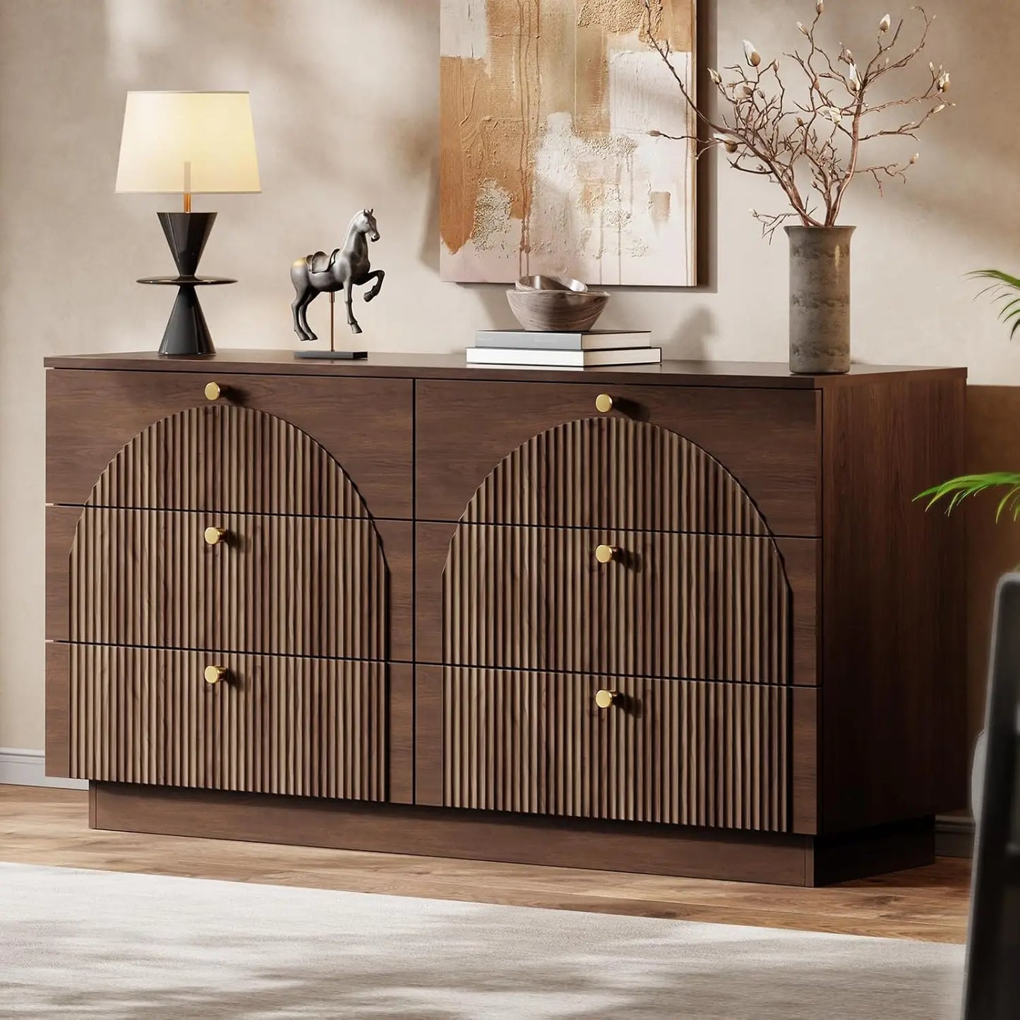 Arched Fluted 6 Drawer Dresser 55in Wood Storage Chest Mid Century Bedroom Living Room Hallway Custom