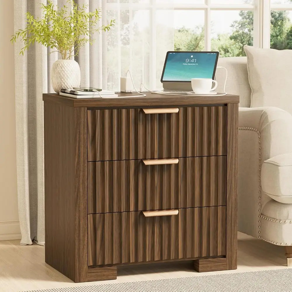 2-Piece Walnut Nightstand Set with Charging Station, 3 Drawers for Bedroom or Living Room