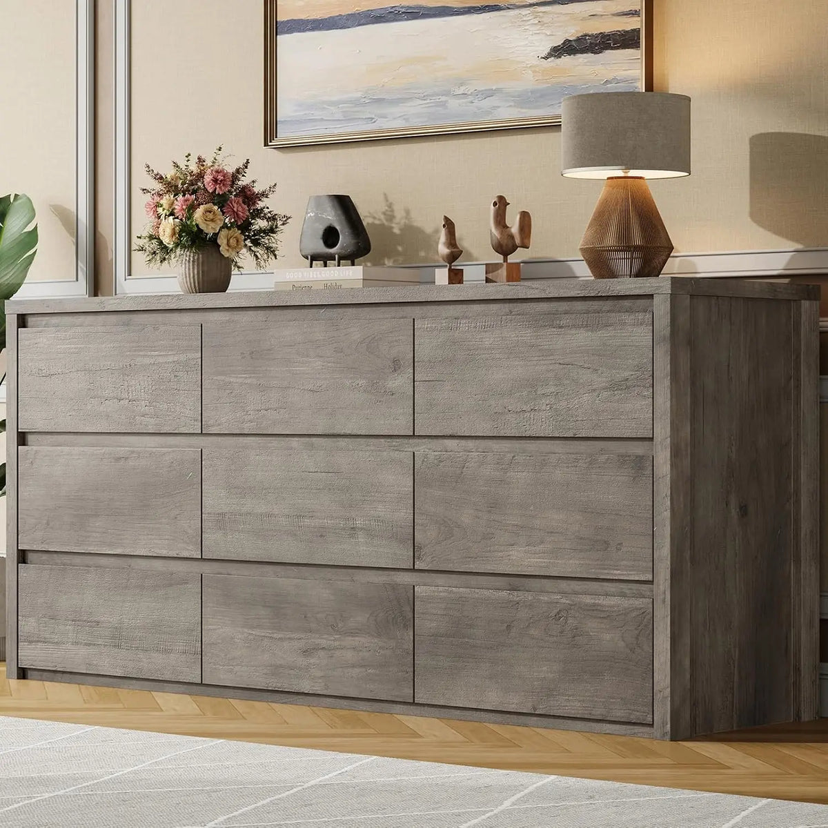 9 Drawer Dresser For Bedroom, Modern Handleless Wood Chest Of Drawers, Large Storage Cabinet For Living Room, Hallway and Entryway