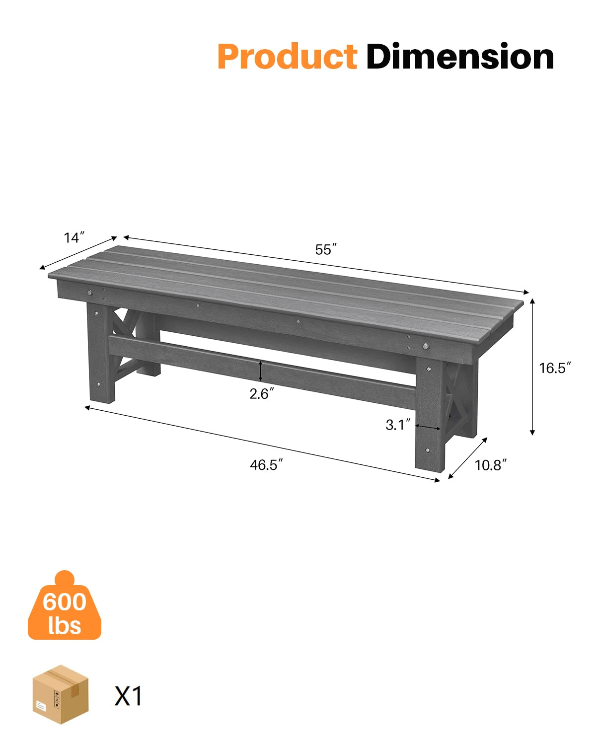 SeeHill Smoke Gray HDPE Patio Bench, 55" Poly Lumber Outdoor Bench, Durable Adirondack Style Garden Seat for Poolside or Deck
