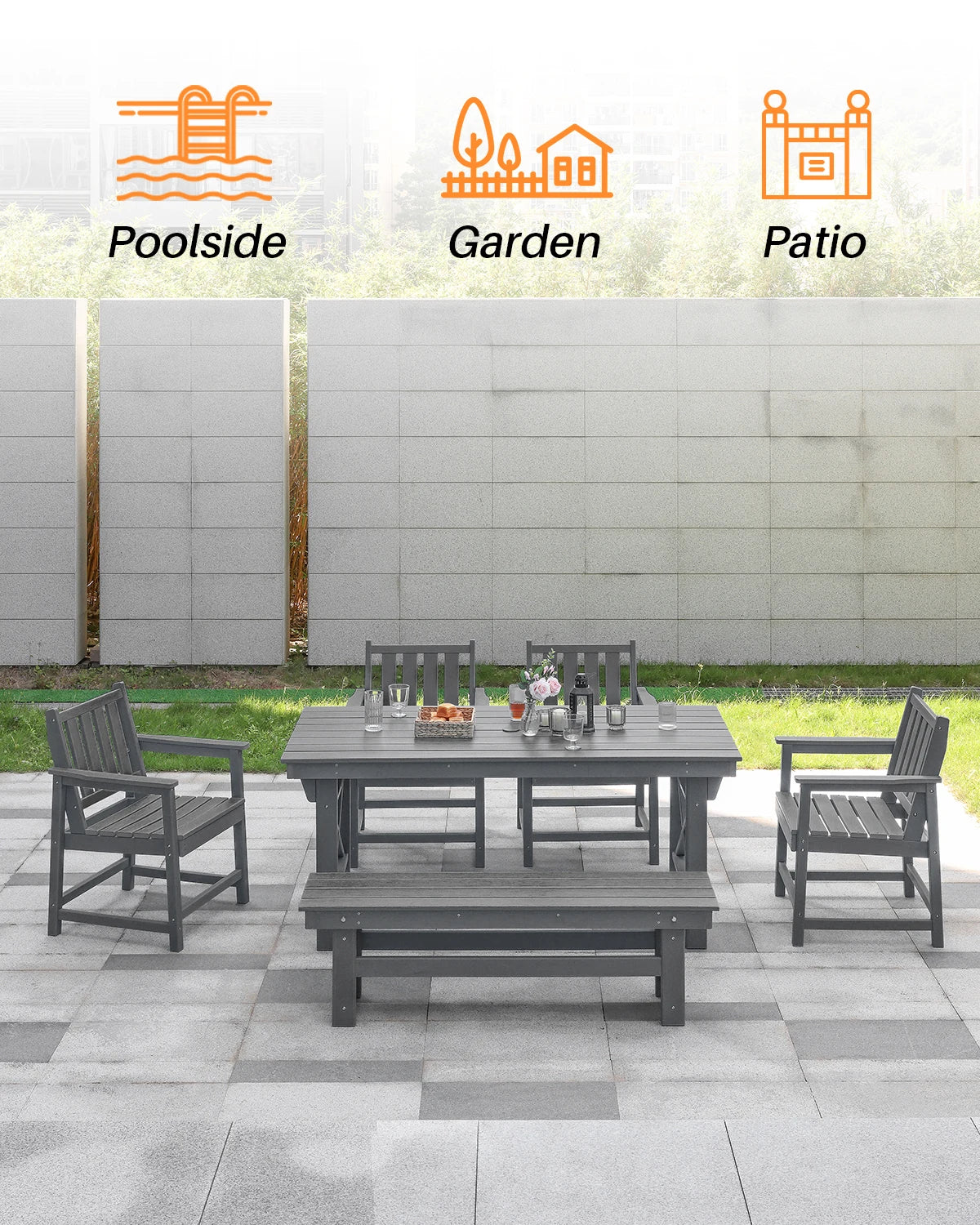 SeeHill Smoke Gray HDPE Patio Bench, 55" Poly Lumber Outdoor Bench, Durable Adirondack Style Garden Seat for Poolside or Deck