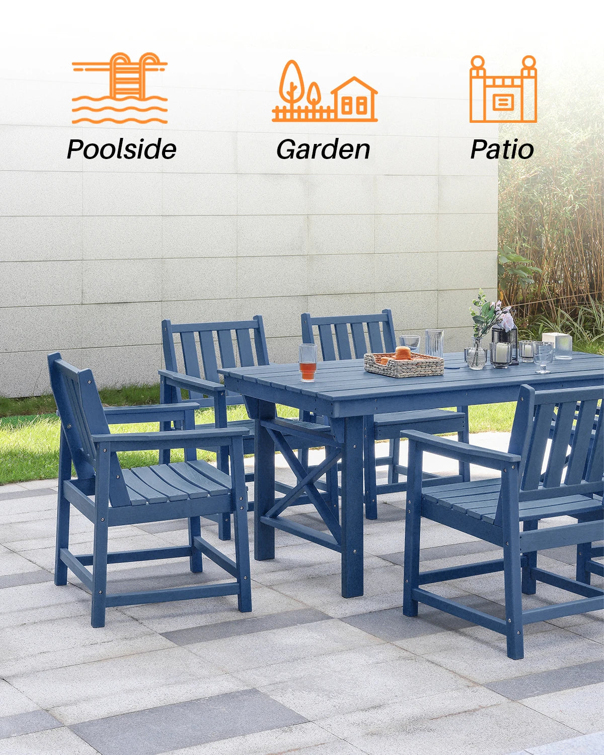SeeHill Navy HDPE Patio Dining Set, 7-Piece Outdoor Furniture Set with Table and Chairs, Weatherproof Design with Umbrella Hole