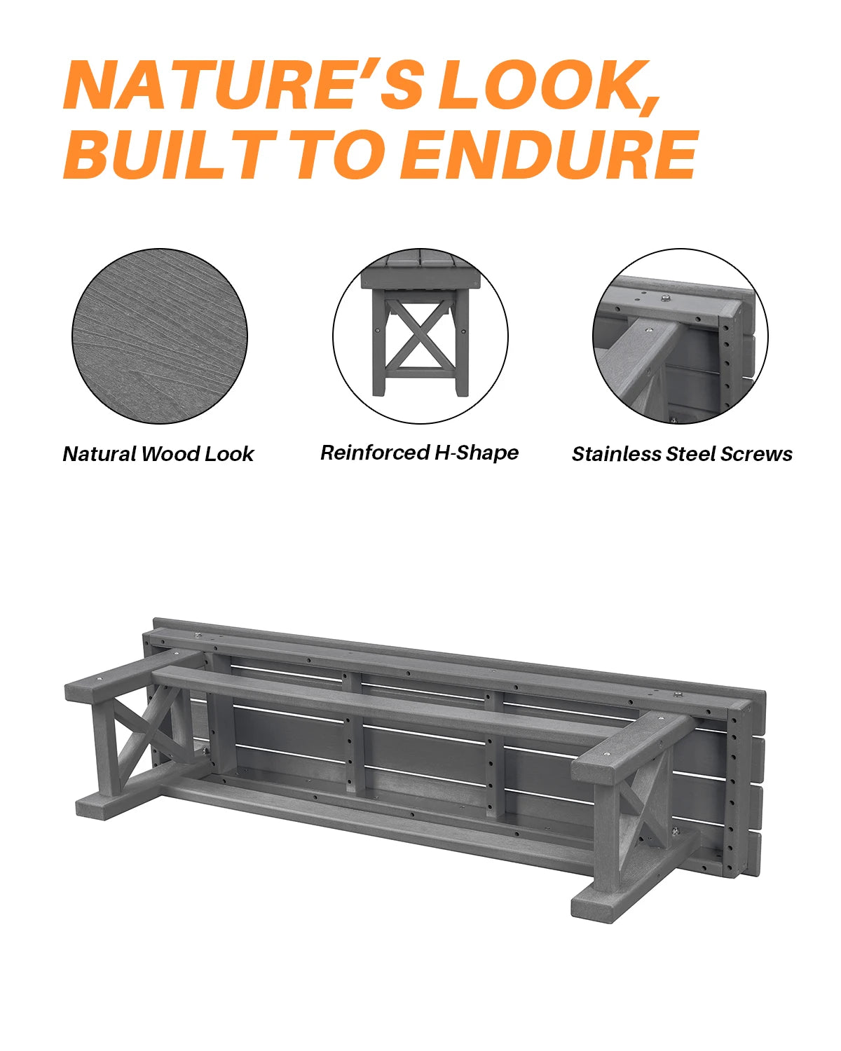 SeeHill Smoke Gray HDPE Patio Bench, 55" Poly Lumber Outdoor Bench, Durable Adirondack Style Garden Seat for Poolside or Deck