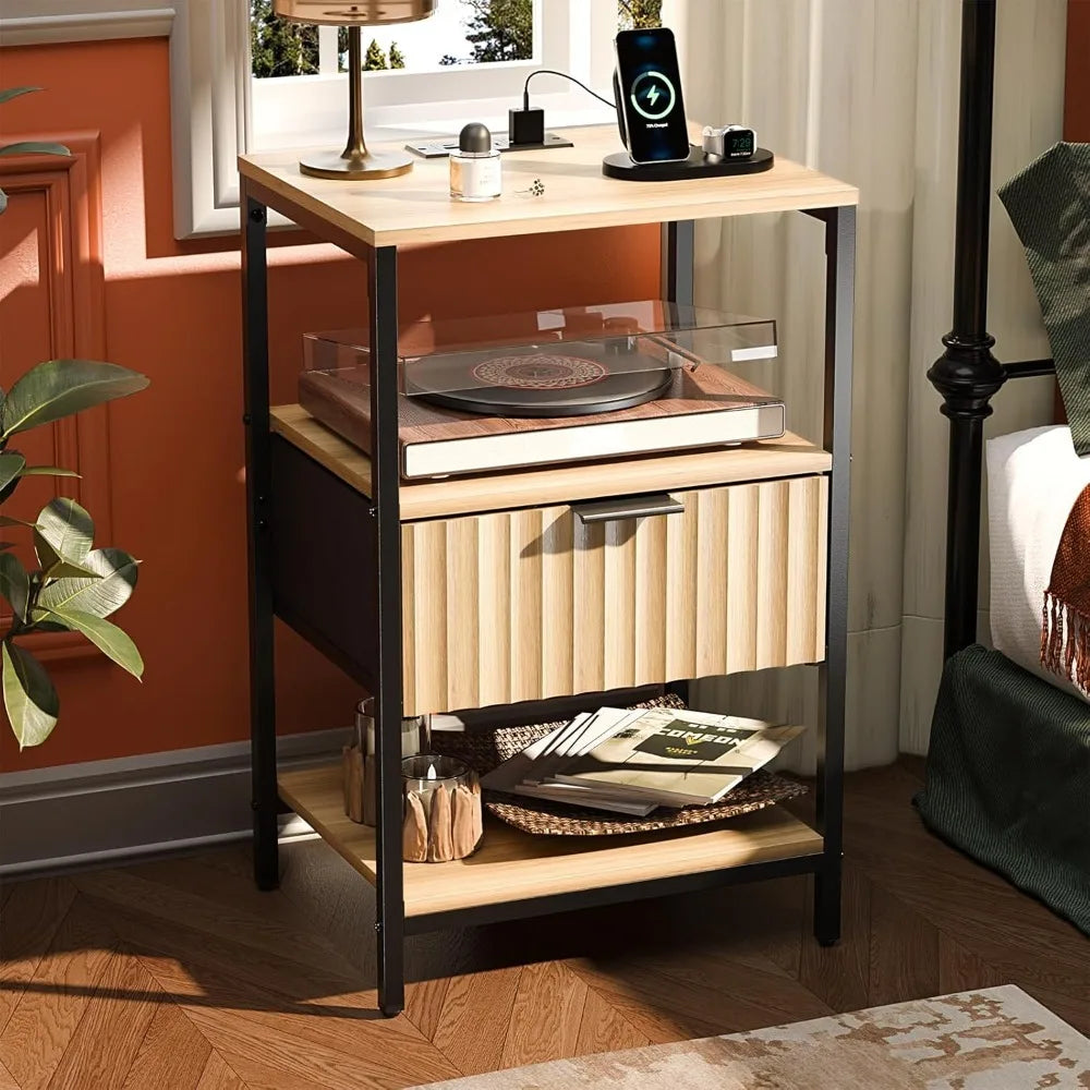 Black Nightstands Set of 2 with Fabric Drawers, Fluted Nightstands with Charging Station, Night Stand Set of 2, Small Bedside Ta
