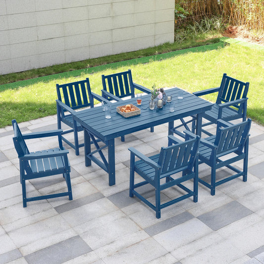 SeeHill Navy HDPE Patio Dining Set, 7-Piece Outdoor Furniture Set with Table and Chairs, Weatherproof Design with Umbrella Hole