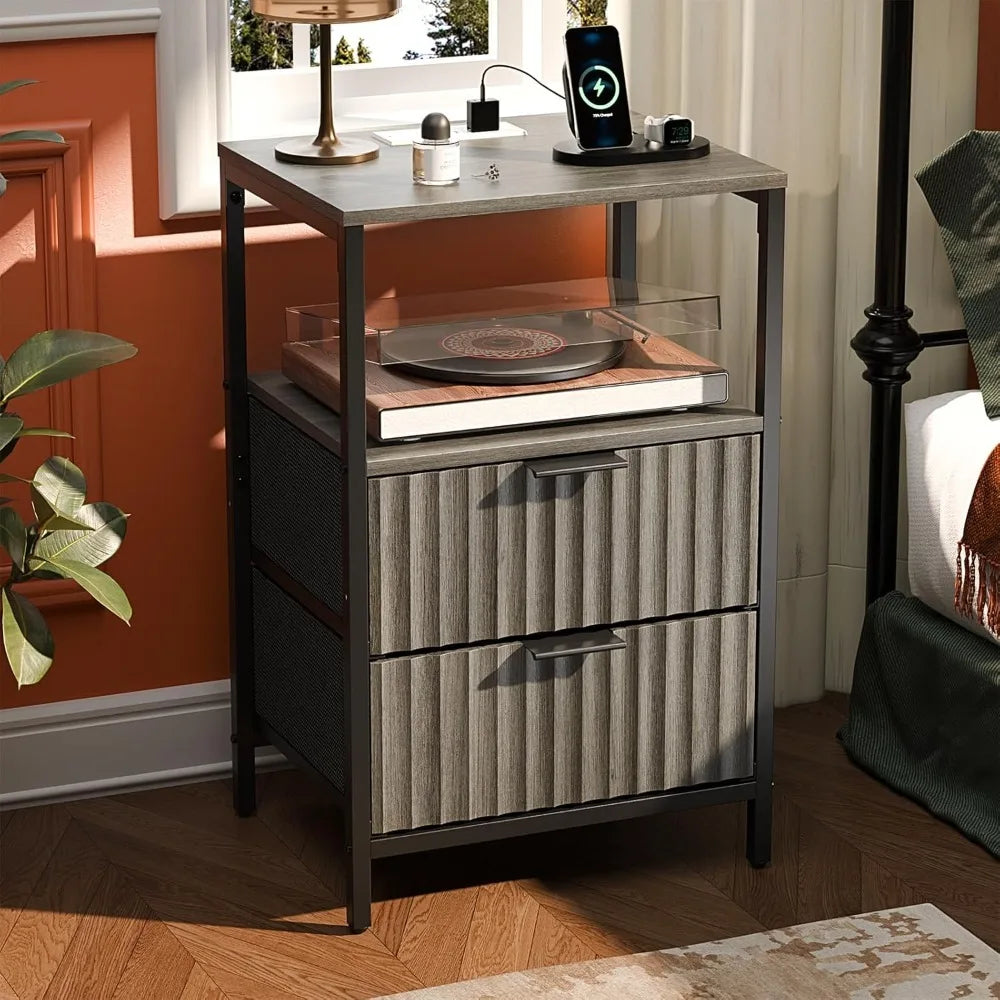 Black Nightstands Set of 2 with Fabric Drawers, Fluted Nightstands with Charging Station, Night Stand Set of 2, Small Bedside Ta