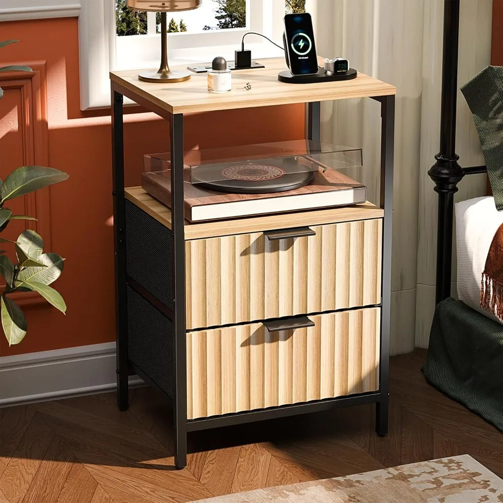 Black Nightstands Set of 2 with Fabric Drawers, Fluted Nightstands with Charging Station, Night Stand Set of 2, Small Bedside Ta
