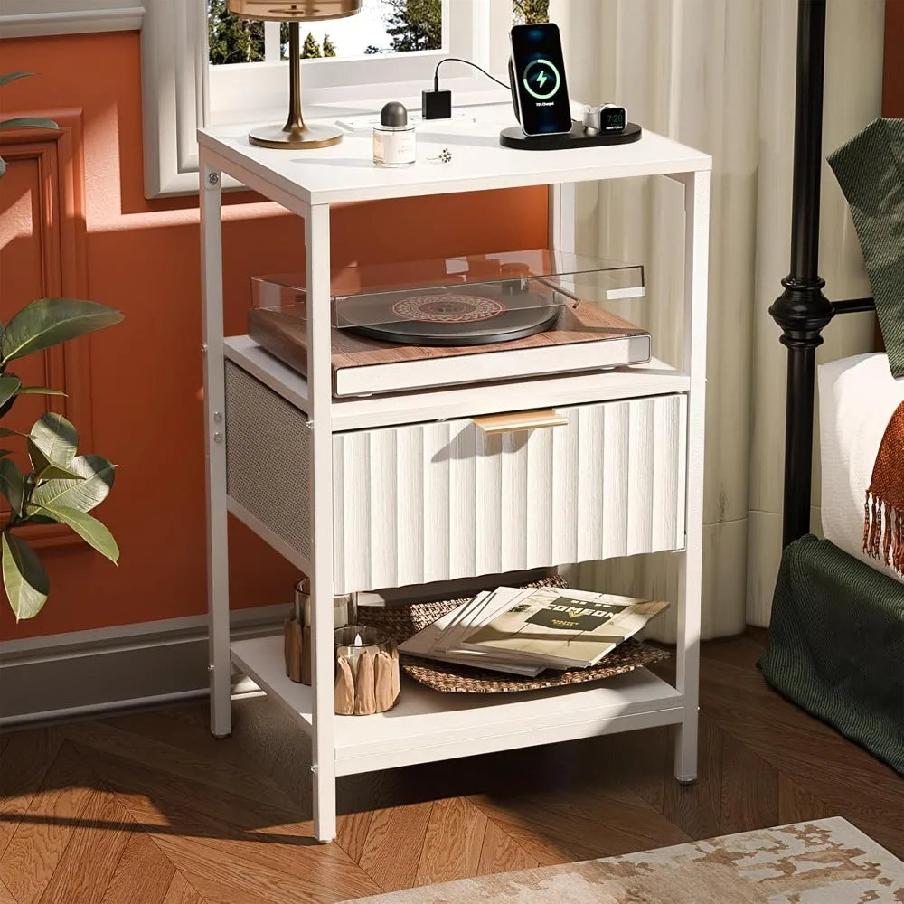Black Nightstands Set of 2 with Fabric Drawers, Fluted Nightstands with Charging Station, Night Stand Set of 2, Small Bedside Ta